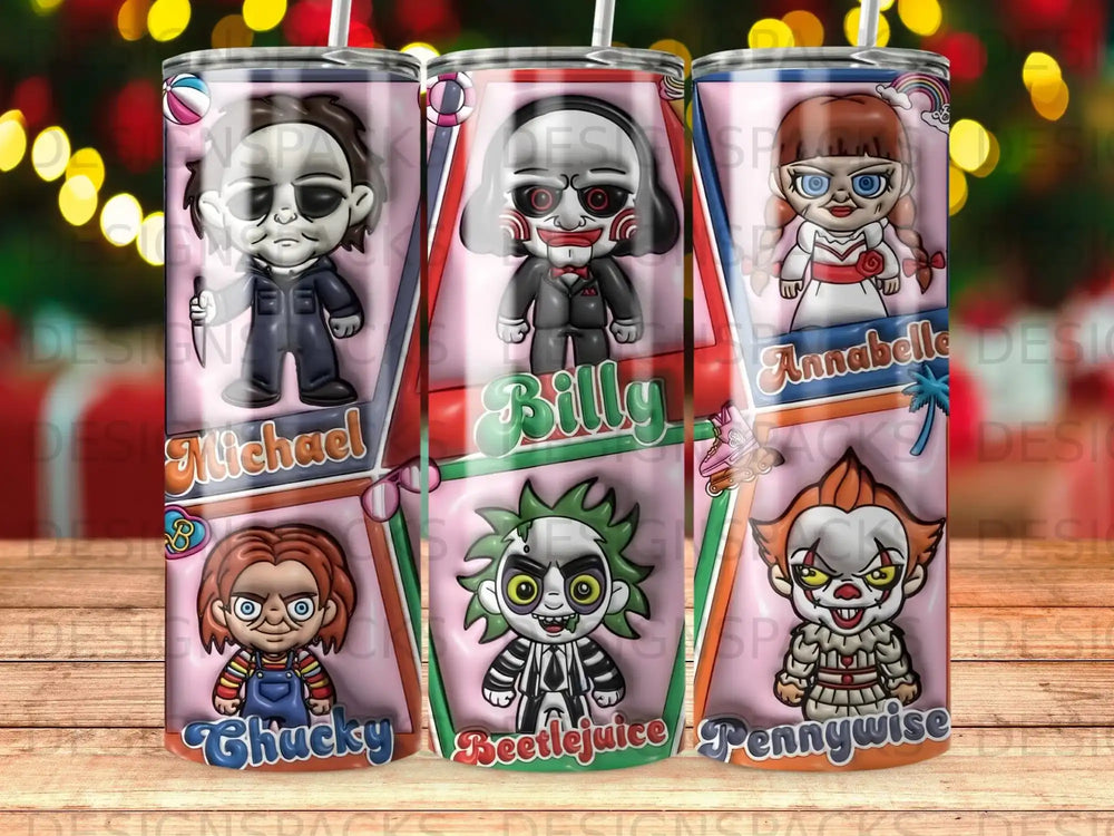 Characters Michael, Billy, Annabelle, Chucky, Beetlejuice, and Pennywise on a patterned tumbler.