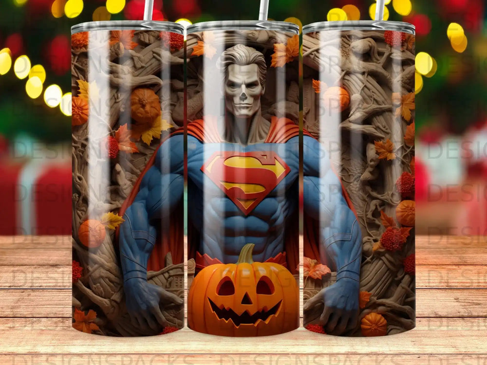 Superman in superhero costume holding a jack-o'-lantern with autumn leaves.