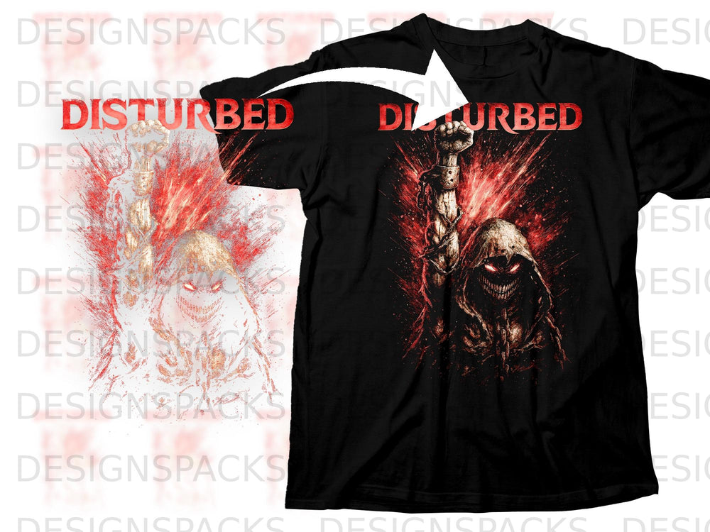 Black t-shirt with "DISTURBED" text and a demonic hooded figure.