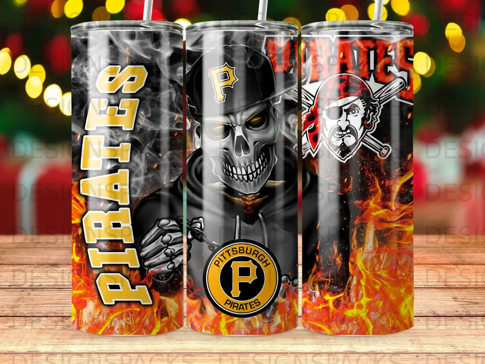Pittsburgh Pirates skull and flame design on three tumblers.