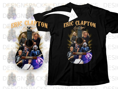 Eric Clapton t-shirt with guitar graphic and band photo collage.
