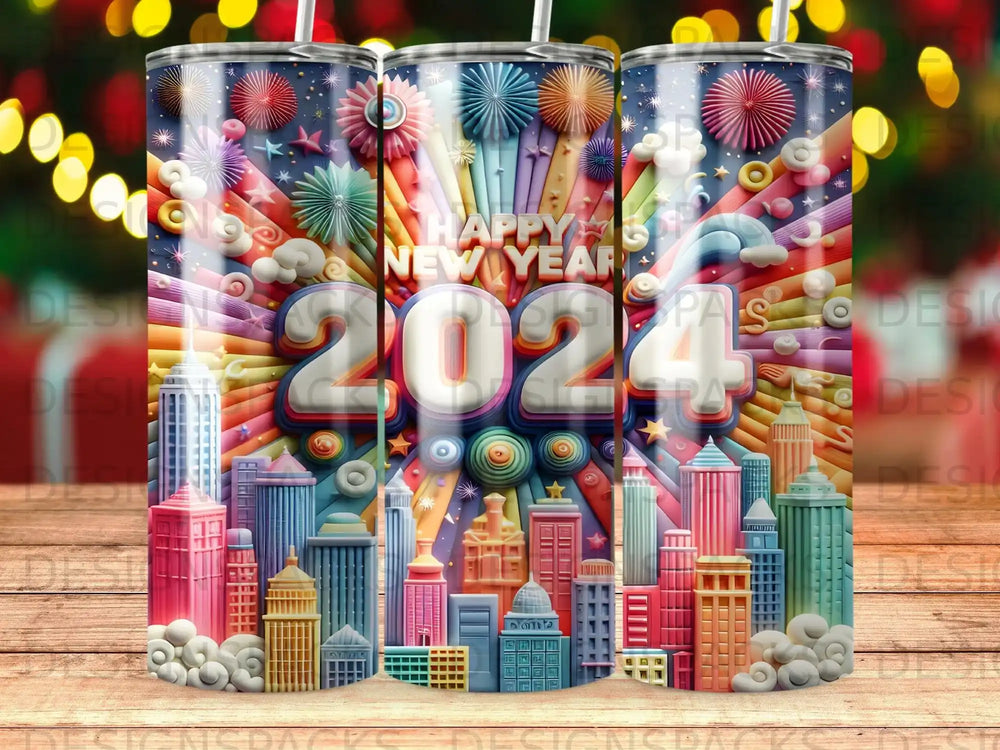 Happy New Year 2024 cityscape with colorful buildings and fireworks.