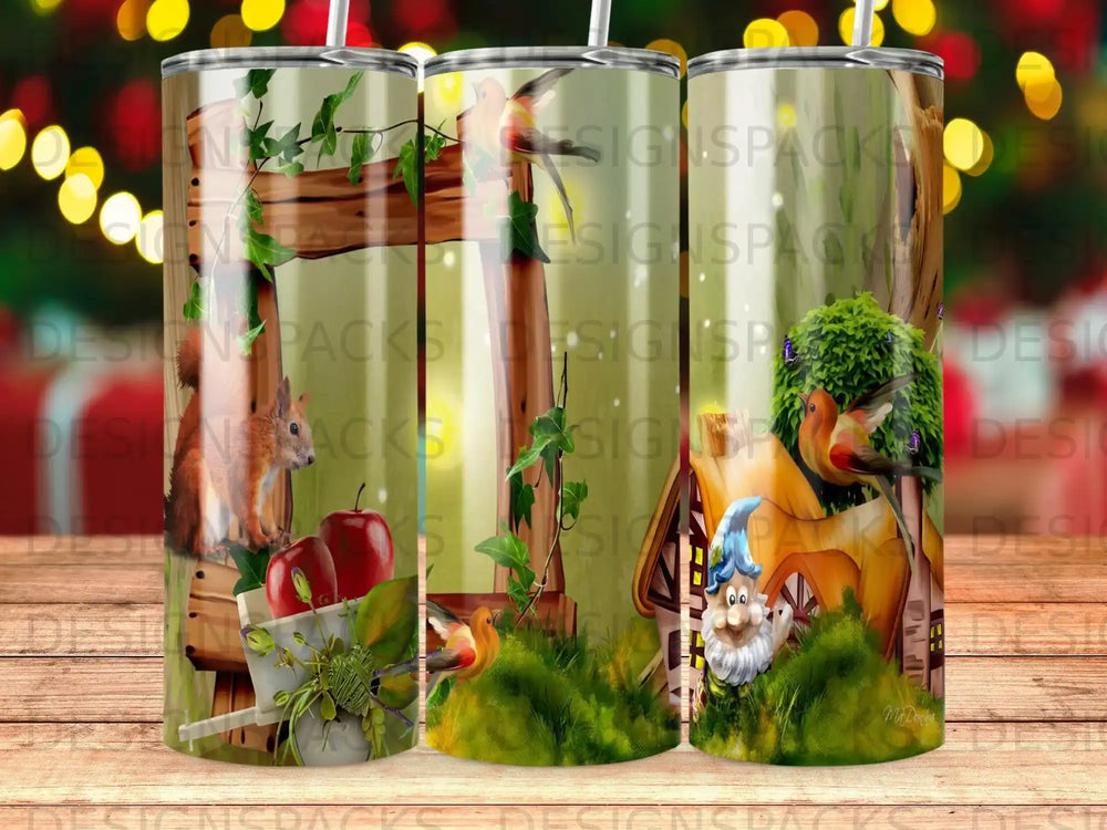 Humorous gnome figurine peeking from behind a wooden fence with apples and greenery.