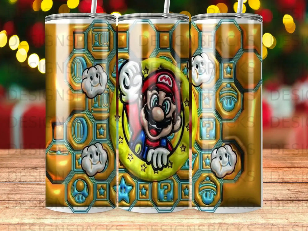 Mario character with honeycomb pattern and various game icons on a tumbler.