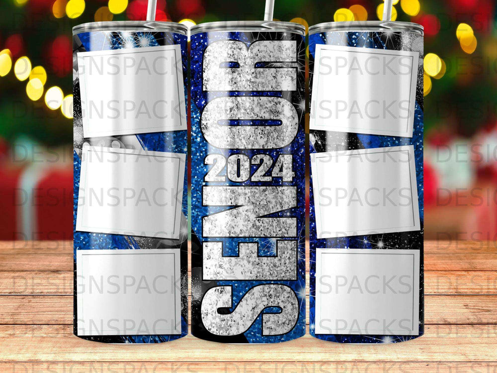 "SENIOR 2024" text on a blue and silver glitter tumbler.