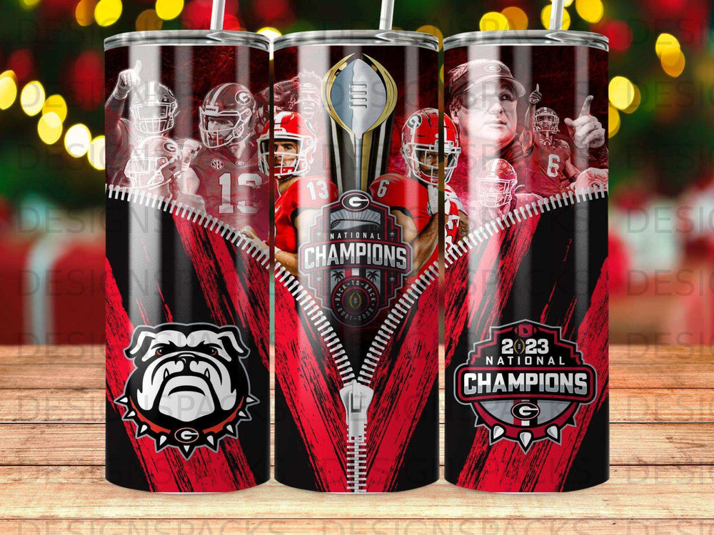 Georgia Bulldogs 2023 National Champions tumbler with team logos and zipper design.
