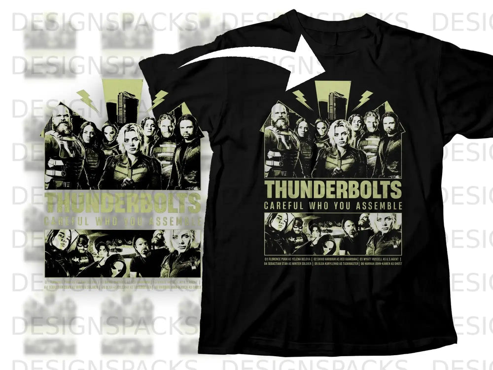 Thunderbolts movie poster t-shirt with cast list and tagline.