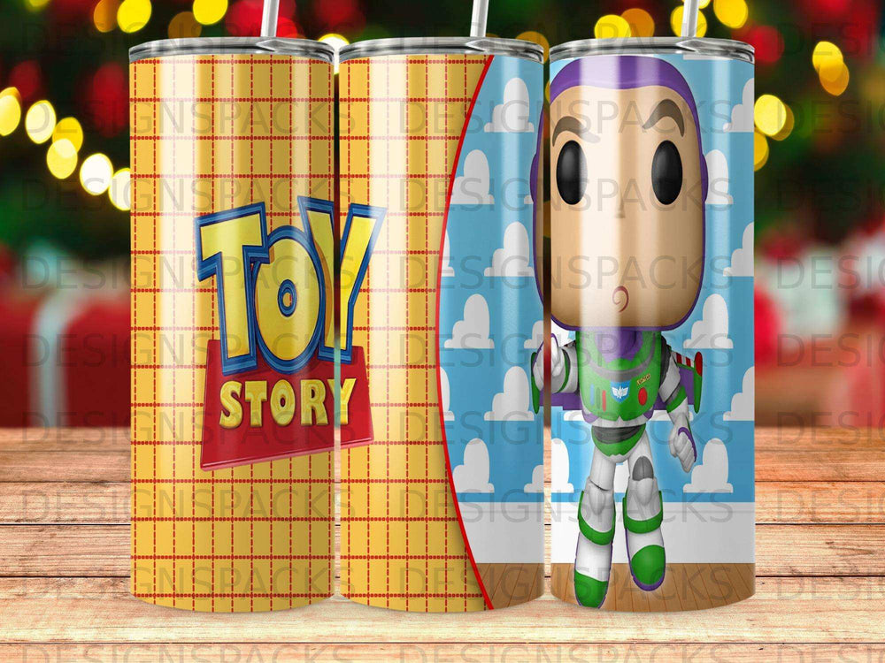 Toy Story tumbler with Buzz Lightyear and classic Toy Story logo.