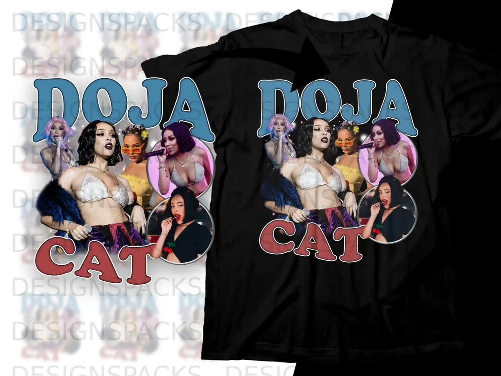 Doja Cat graphic tee with glitter accents and vibrant graphics.