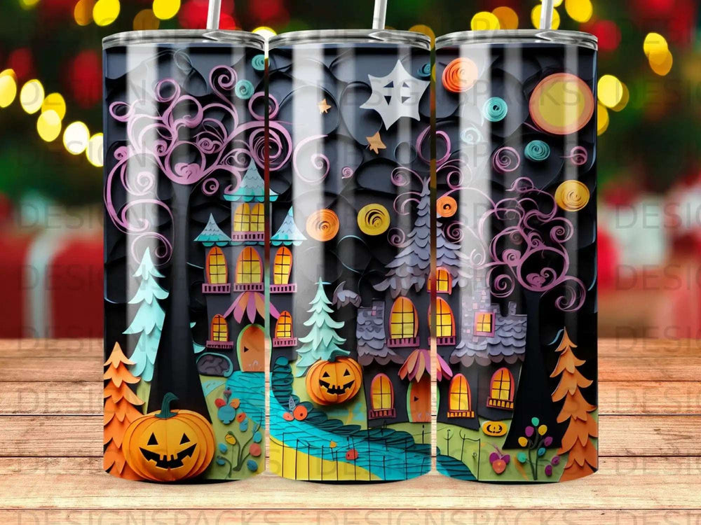 Halloween castle with pumpkins and trees, featuring swirling paper cutouts.