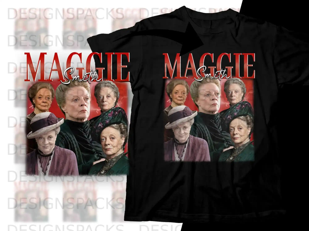 Maggie Smith collage on black t-shirt.