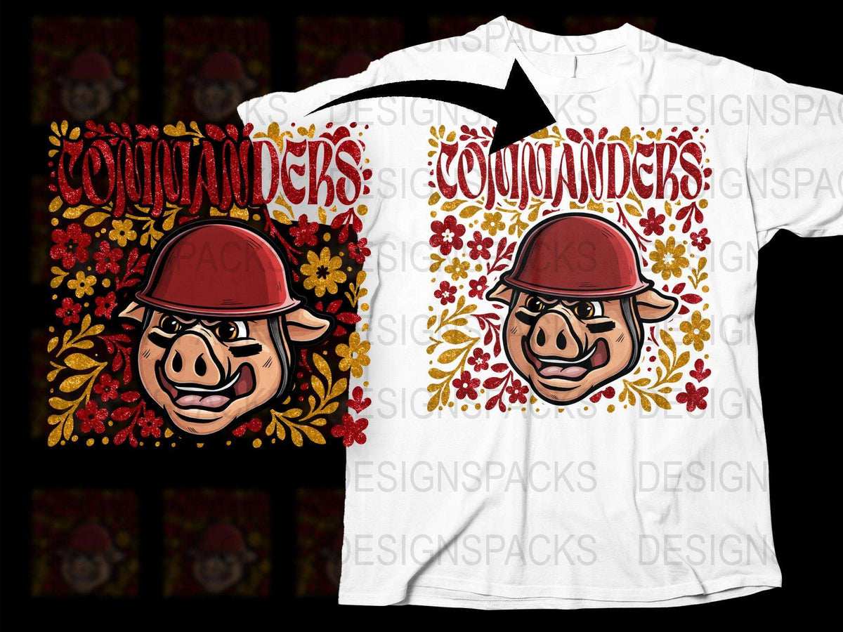 Commander Pig Cartoon Graphic T-Shirt, Funny Animal Print, Floral Motif, Casual Streetwear, Unique Gift Idea