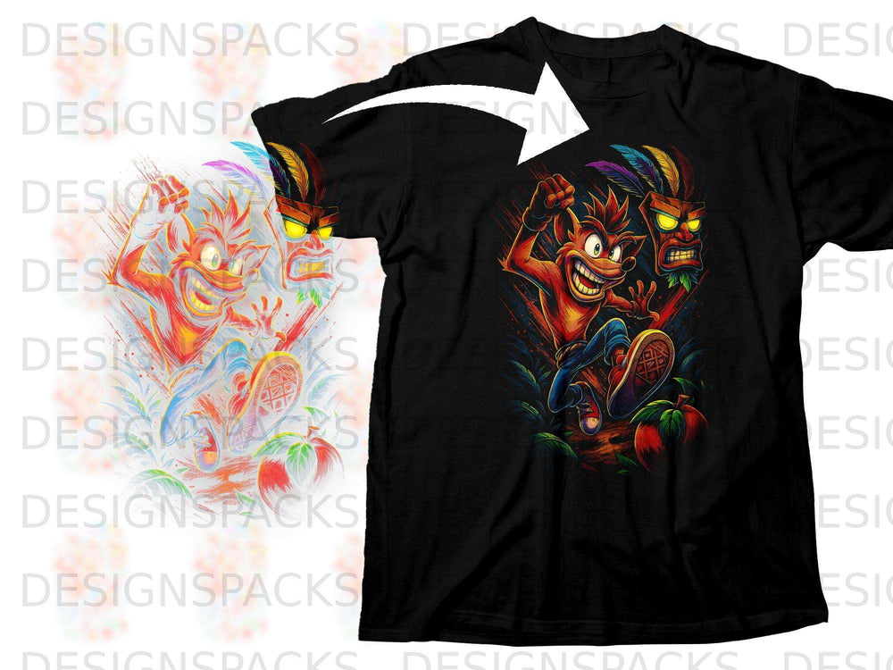 Crash Bandicoot and Aku Aku mask graphic on a black t-shirt.