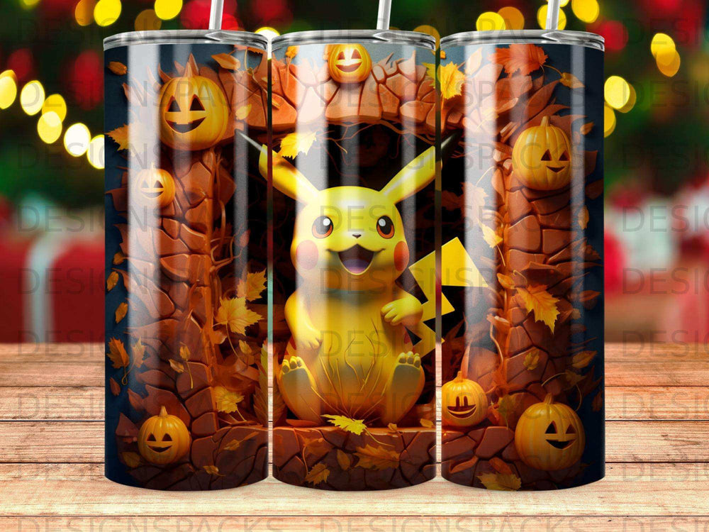 Pikachu with pumpkins and autumn leaves on a tumbler.
