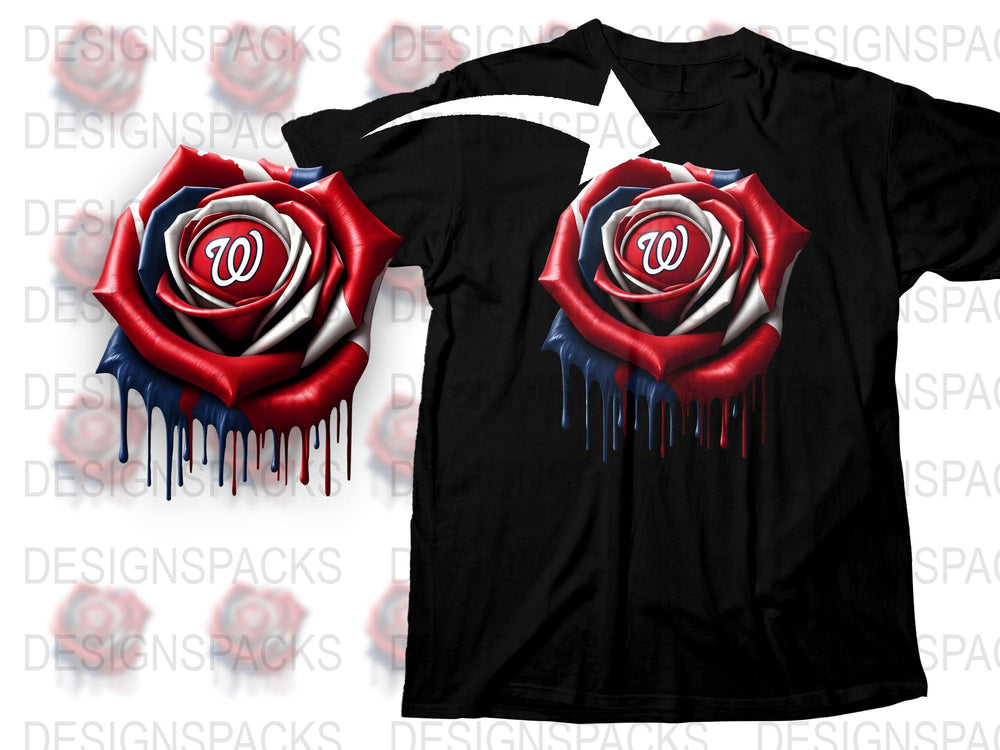 Washington Baseball Team Rose Logo T-Shirt, Red and Blue Artistic Floral Graphic Tee, Sports Fan Apparel