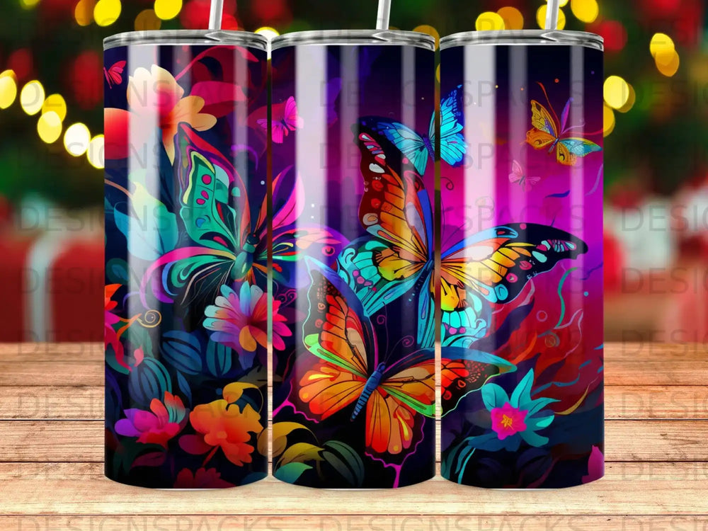 Colorful butterflies and floral patterns on a dark, shimmering background.