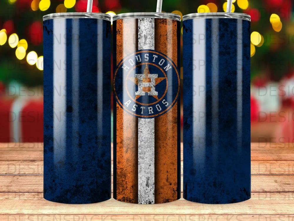 Houston Astros logo tumbler with blue textured background.