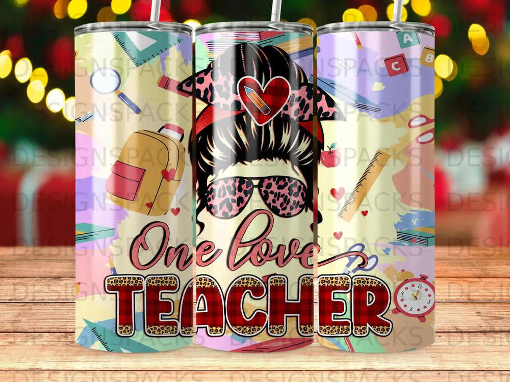 "One Love Teacher" tumbler with ruler, apple, and heart graphics.