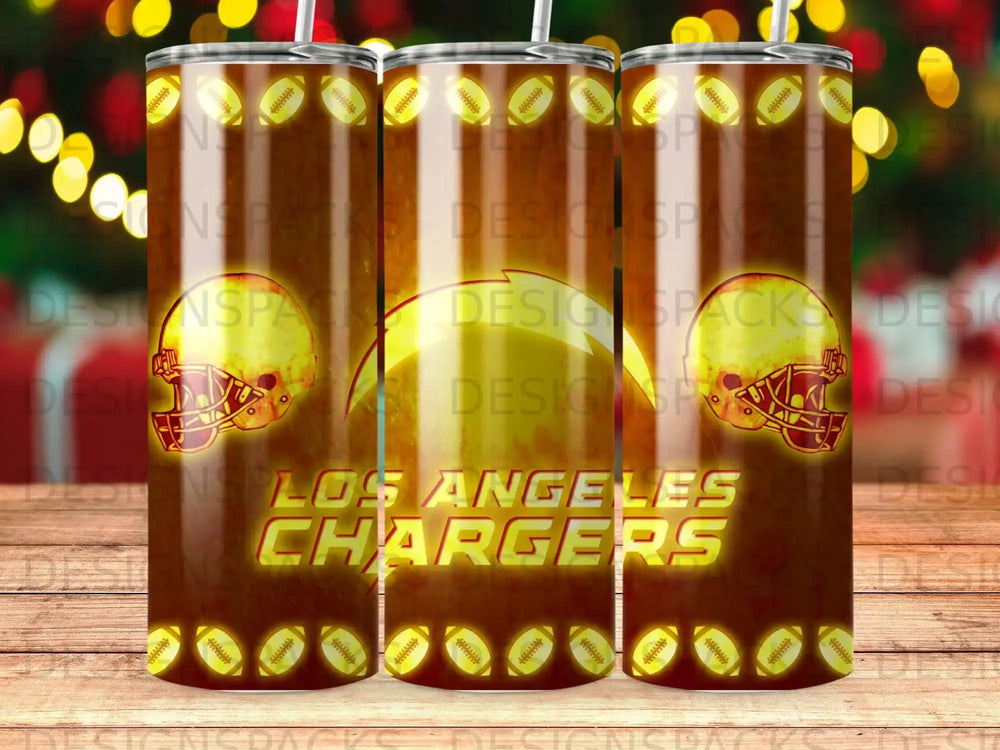 Los Angeles Chargers logo on a football-themed tumbler with yellow lights.