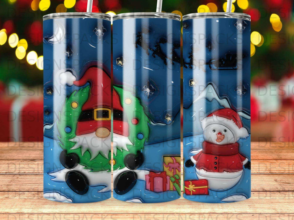 Three tumblers featuring Santa, a snowman, and Christmas gifts against a starry blue sky.