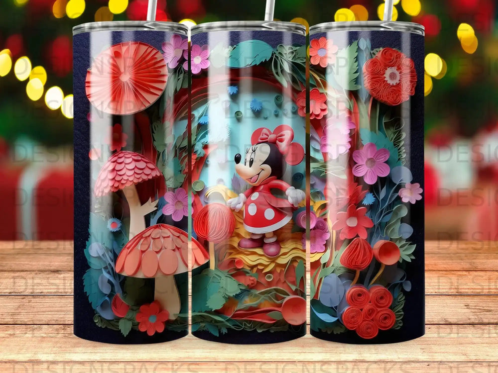 Minnie Mouse in a red polka dot dress, surrounded by colorful paper flowers and mushrooms.