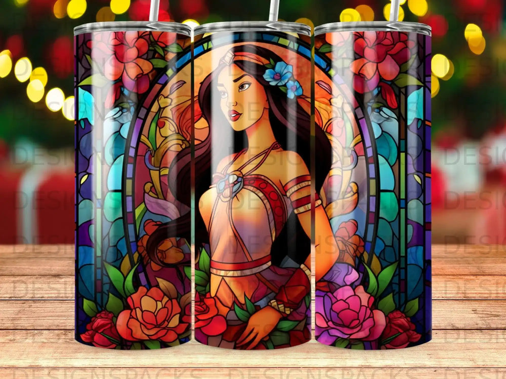 Stained glass style art of a woman with flowers and vibrant colors.