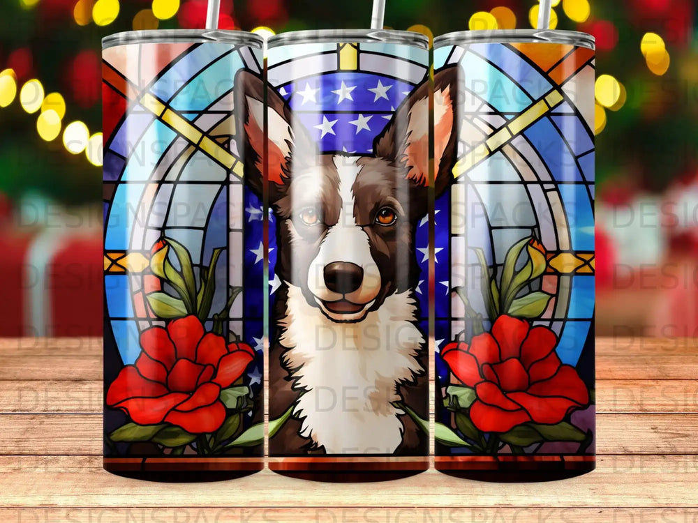 Corgi dog face with stained glass background and red roses.