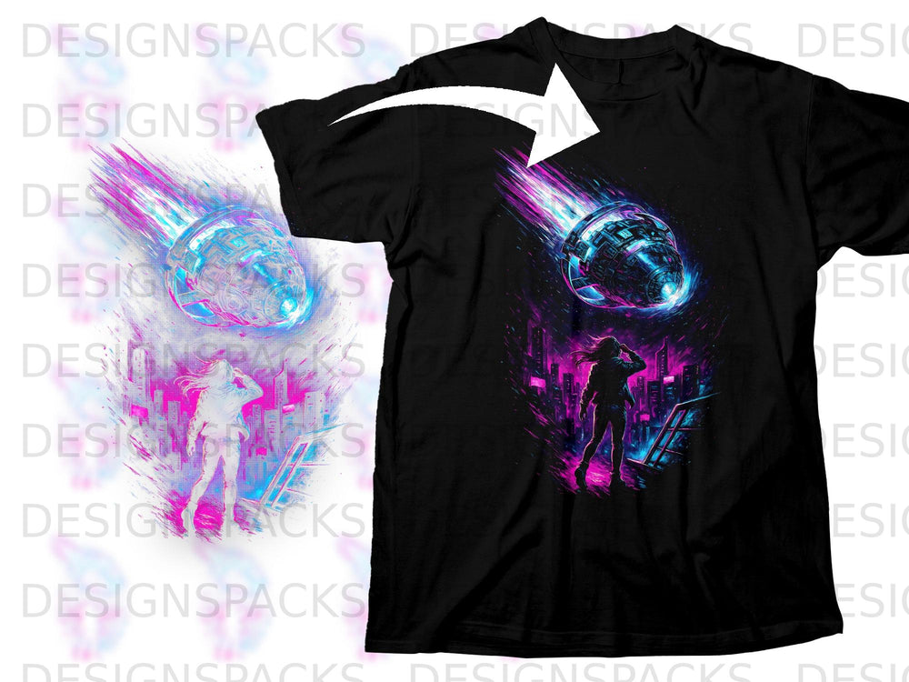 Black t-shirt with a futuristic astronaut and flying vehicle graphic.