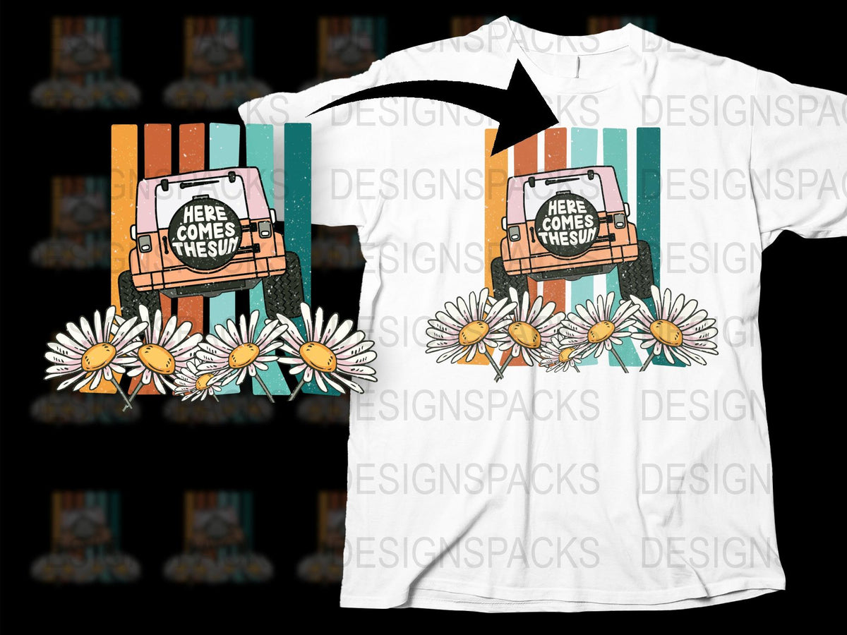 Retro Camper T-Shirt, Here Comes the Sun Design, Vintage Style Graphic Tee with Daisy Flowers, Casual Summer Shirt for Camping