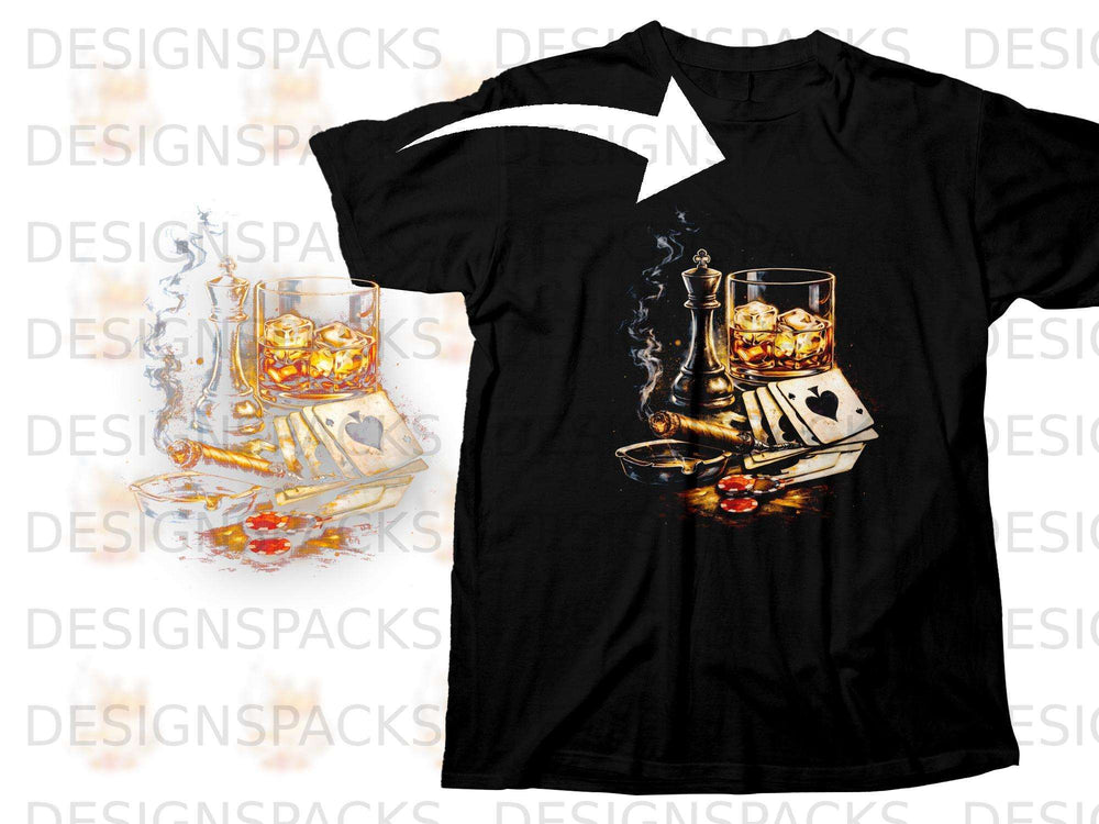 Black t-shirt with a graphic of a chess king, whiskey, cigar, and playing cards.