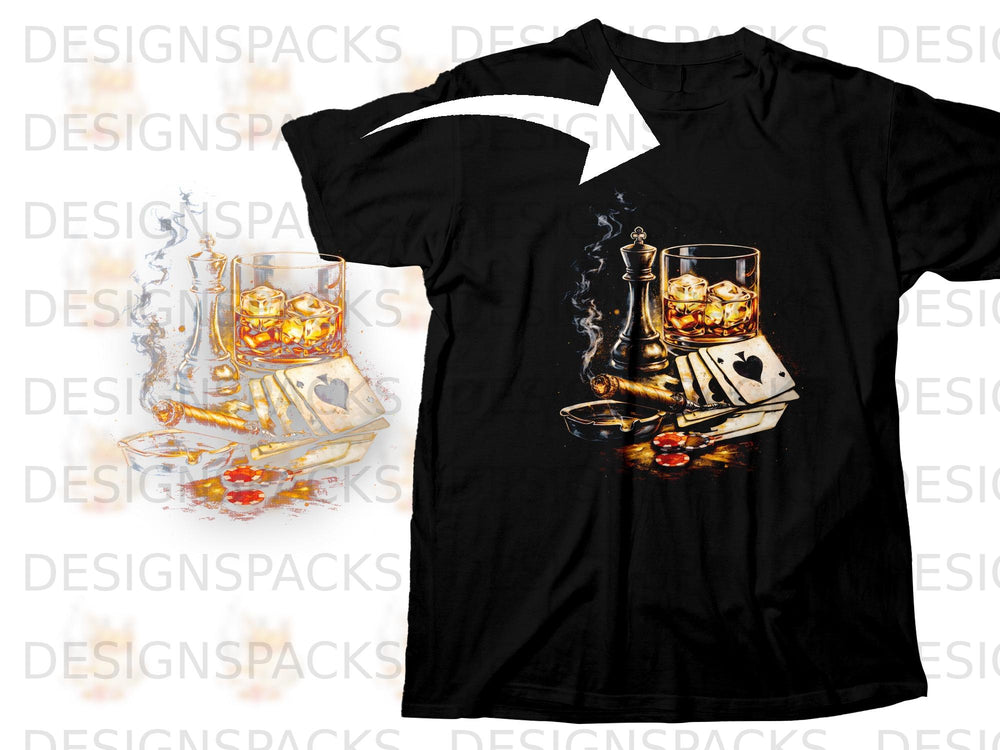 Black t-shirt with a graphic of a chess king, whiskey, cigar, and playing cards.