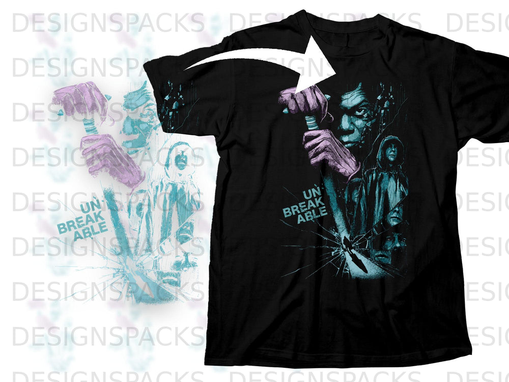 Black t-shirt with graphic depicting "Unbreakable" movie characters and shattered glass.