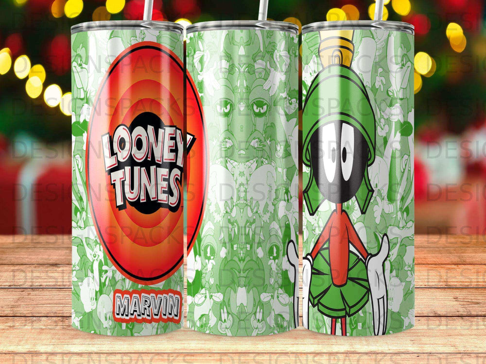 Marvin the Martian on a Looney Tunes tumbler, with green background.