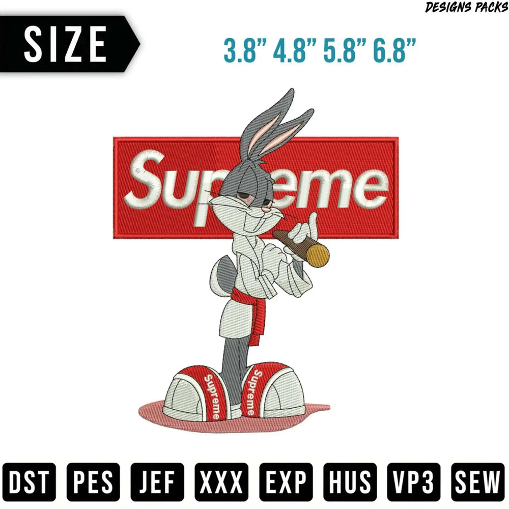 Bugs Bunny wearing Supreme logo clothing, with size and file format text.