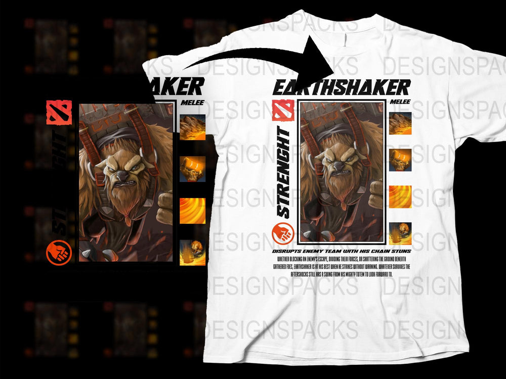Earthshaker Dota 2 Inspired Graphic T-Shirt, Gaming Apparel, White Tee with Game Character Print, Casual Wear for Gamers