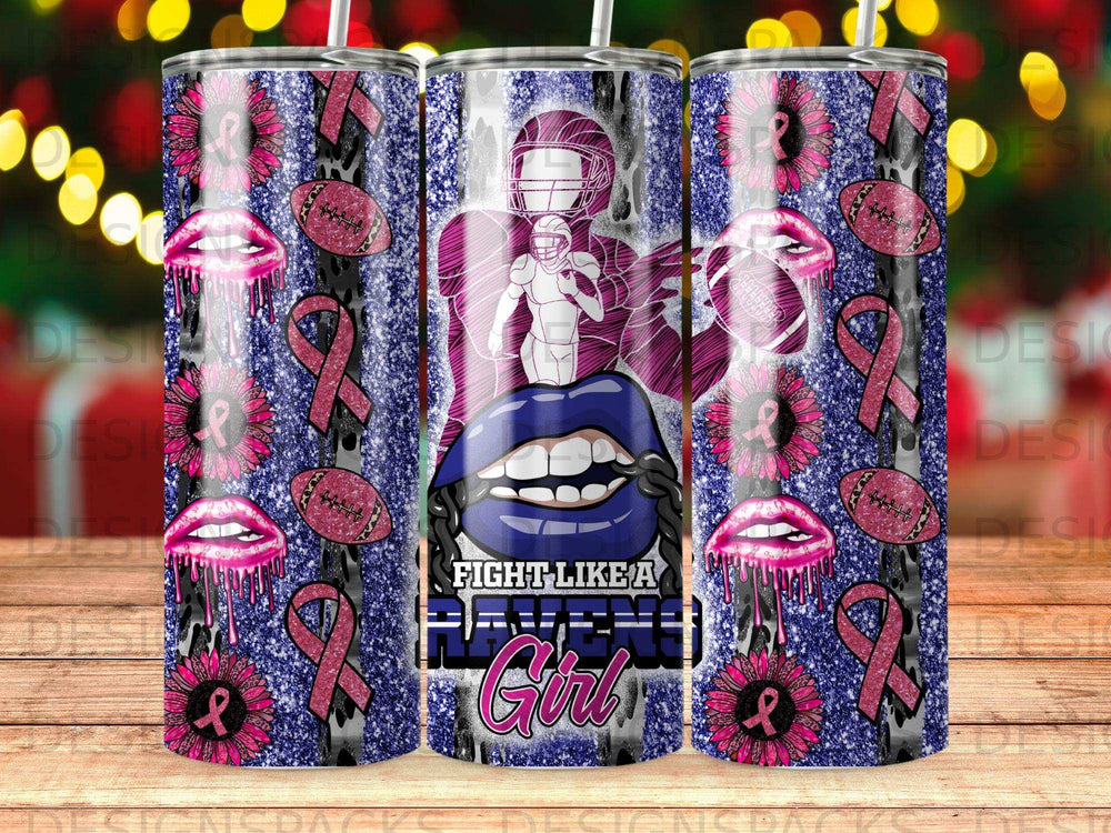 Pink ribbon and football tumbler with woman's lips and text "Fight Like A Girl".