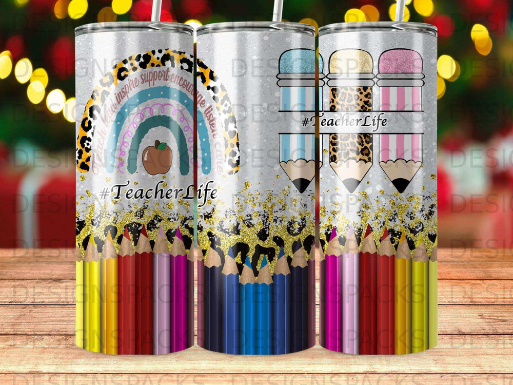 Tumbler with #TeacherLife design featuring rainbow, pencils, and inspirational words.