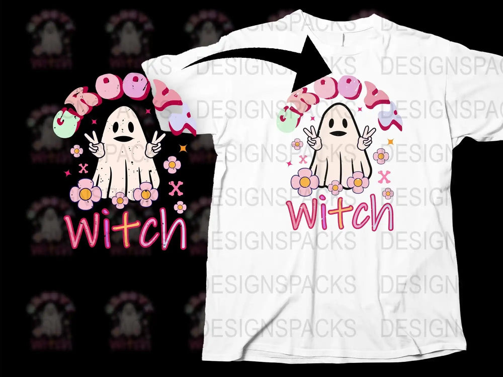 Cute Ghost Witch T-Shirt, Spooky Halloween Graphic Tee, Floral Witchy Shirt for Women, Pink Accents