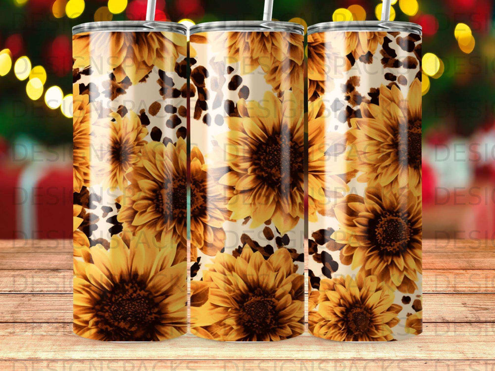 Sunflower and leopard print tumbler design with bokeh lights.