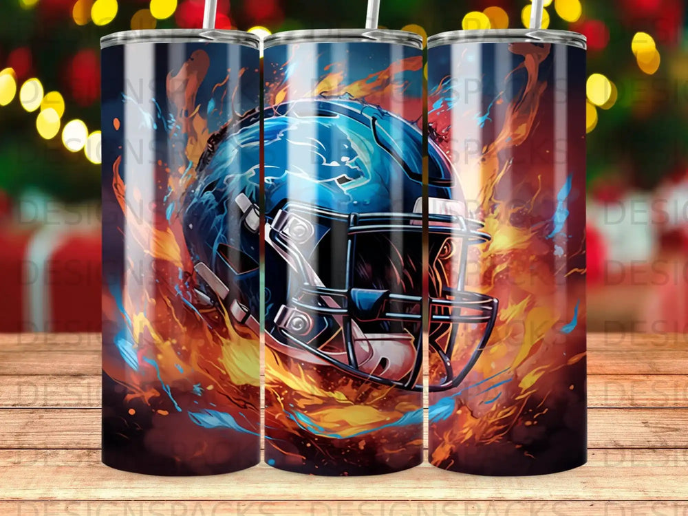 Blue football helmet with flames and festive bokeh lights.