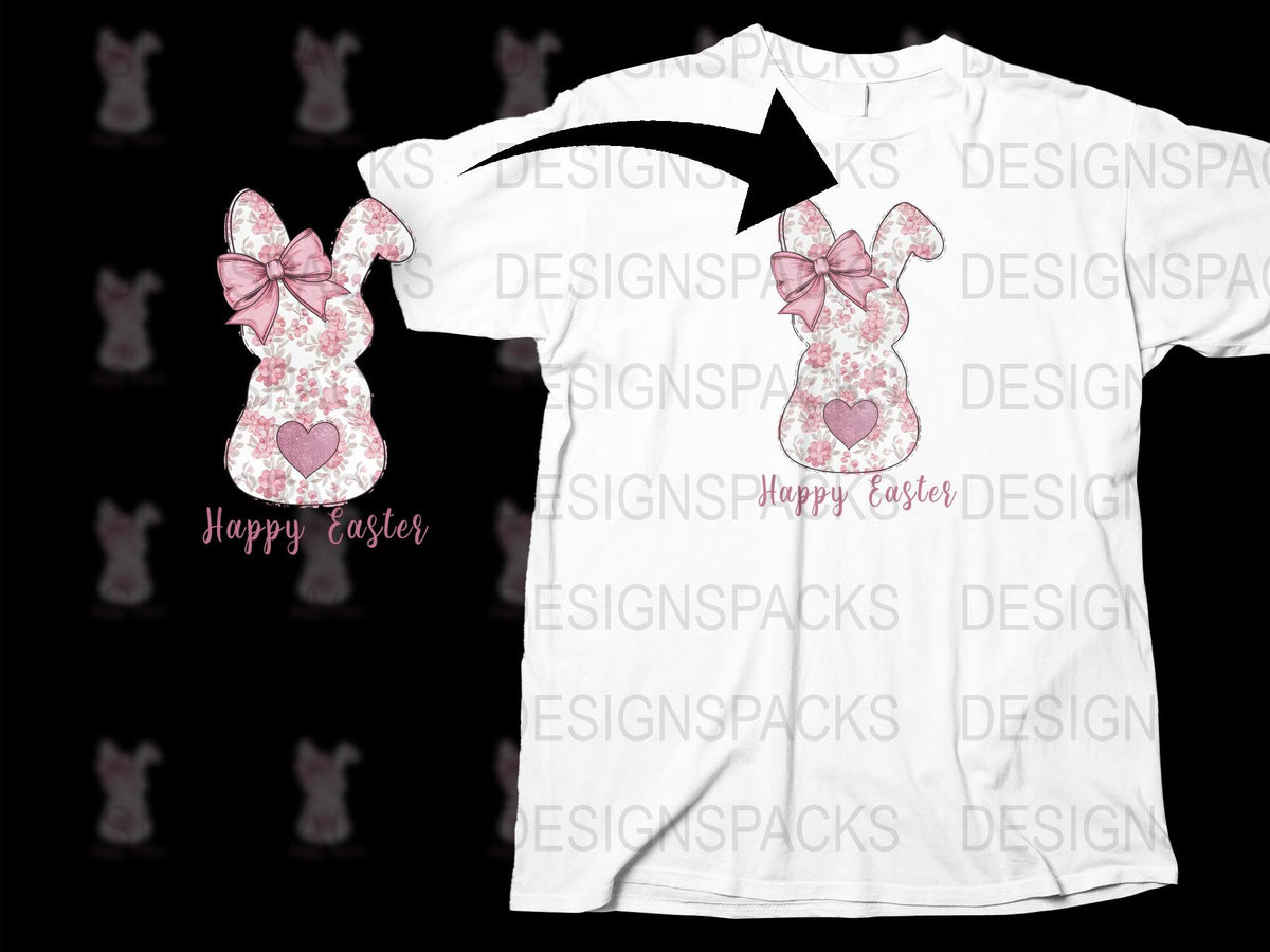 Happy Easter T-Shirt with Floral Bunny Design, Pink Bow, Spring Holiday Fashion for All Ages
