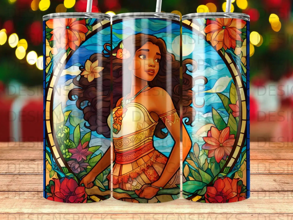 Moana with floral border and stained glass style.