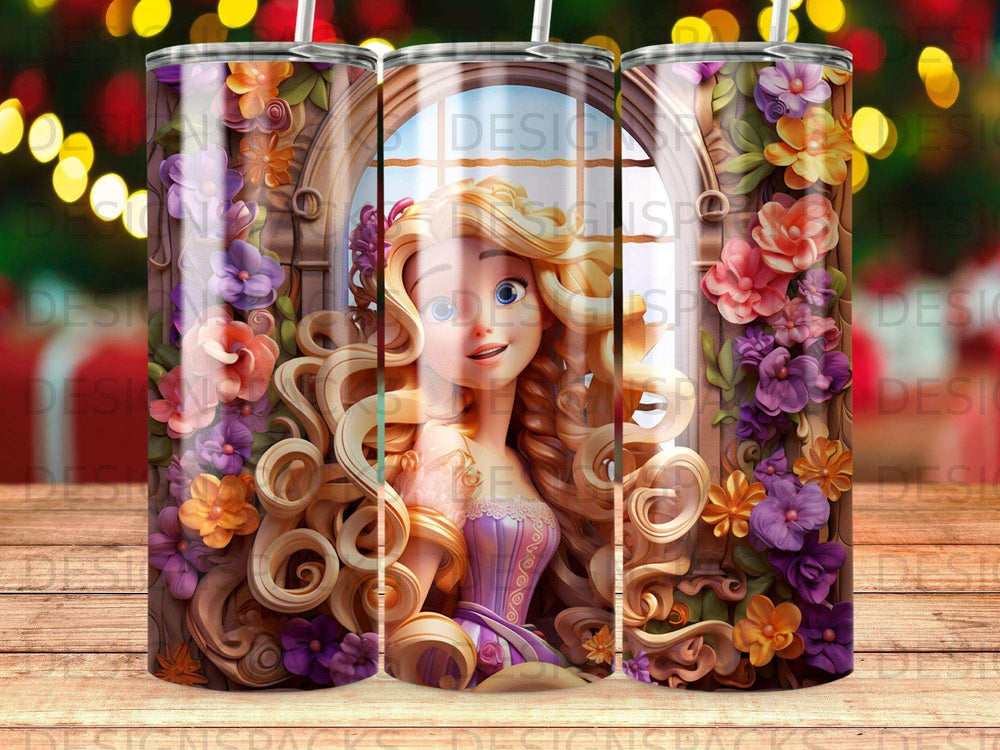 Young girl with blonde curly hair and purple dress surrounded by colorful flowers.