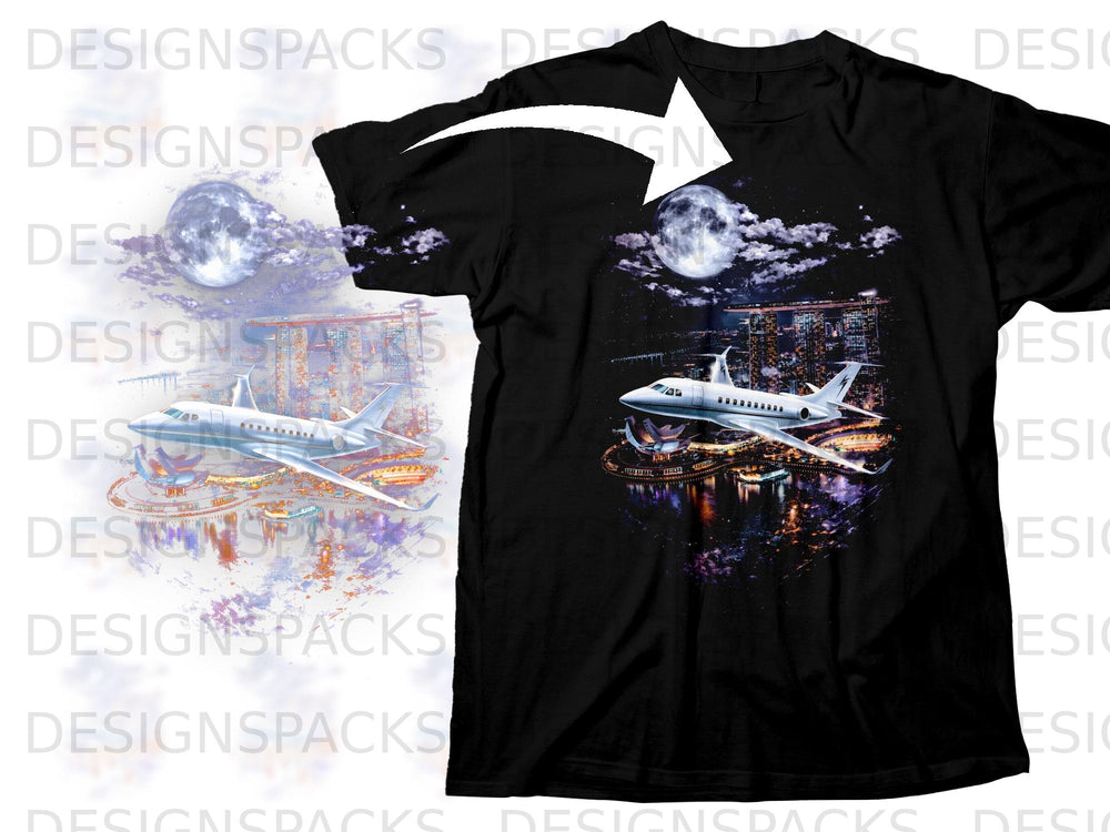 Black t-shirt with a night cityscape and airplane graphic featuring a full moon.