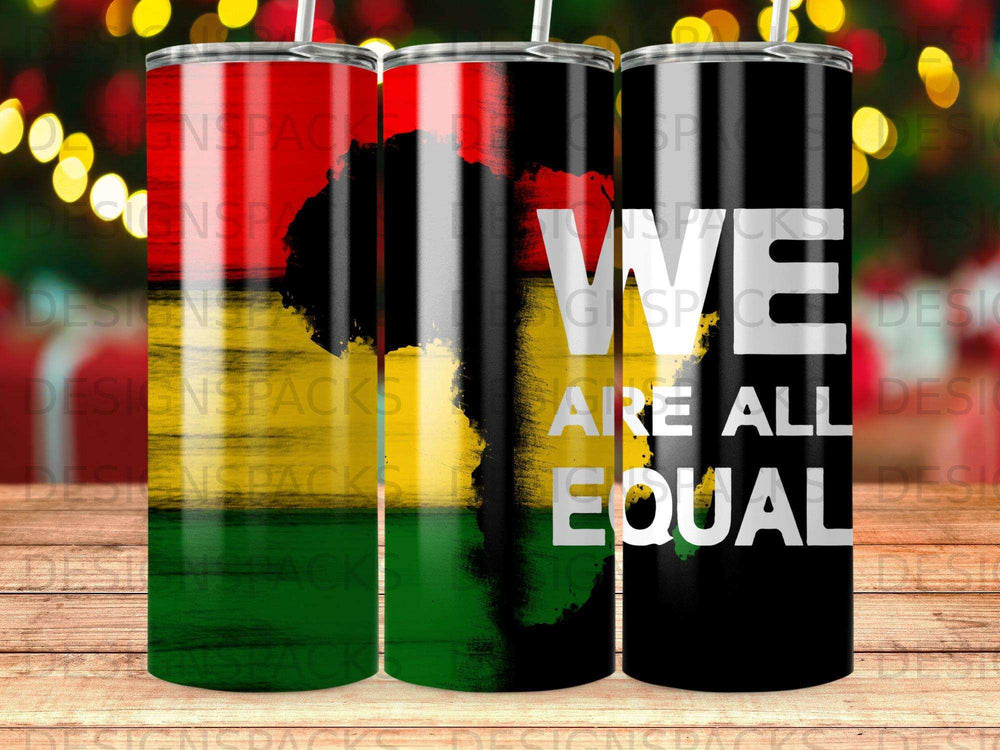 Tapered tumblers with African map and "We Are All Equal" text.
