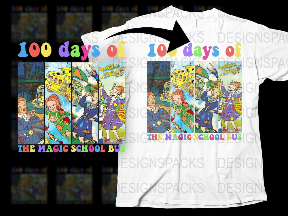 Magic School Bus T-Shirt, 100 Days of School Celebration, Colorful Cartoon Graphic Tee for Kids and Adults