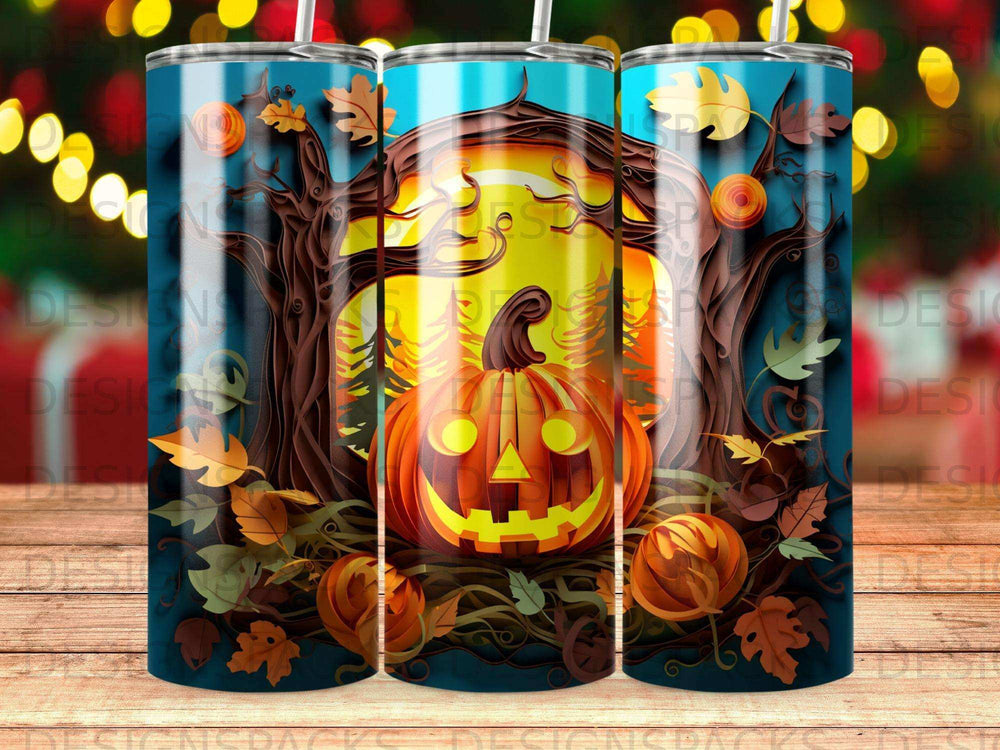 Halloween tumbler with Jack-o'-lantern, autumn leaves, and spooky trees.