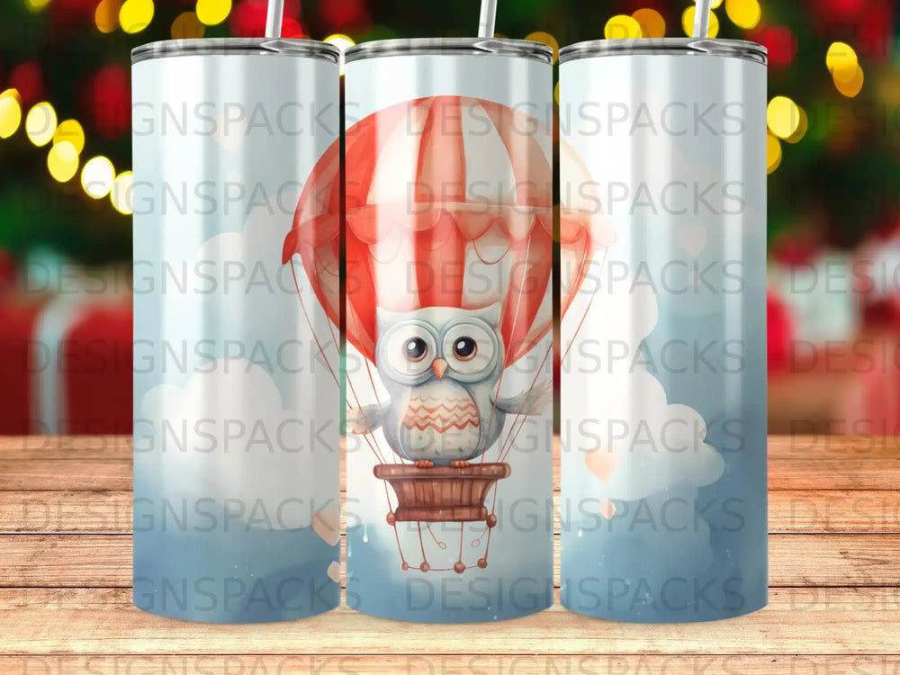 Owl in hot air balloon, clouds, tumbler design.