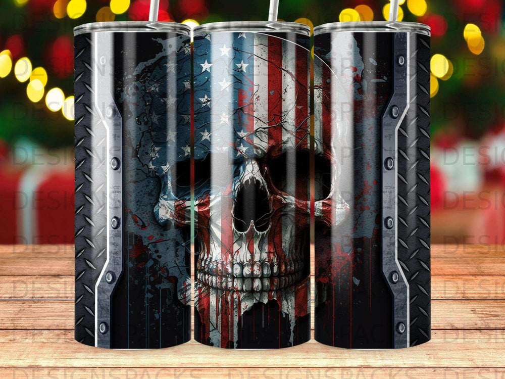 Skull with American flag design on a tumbler.