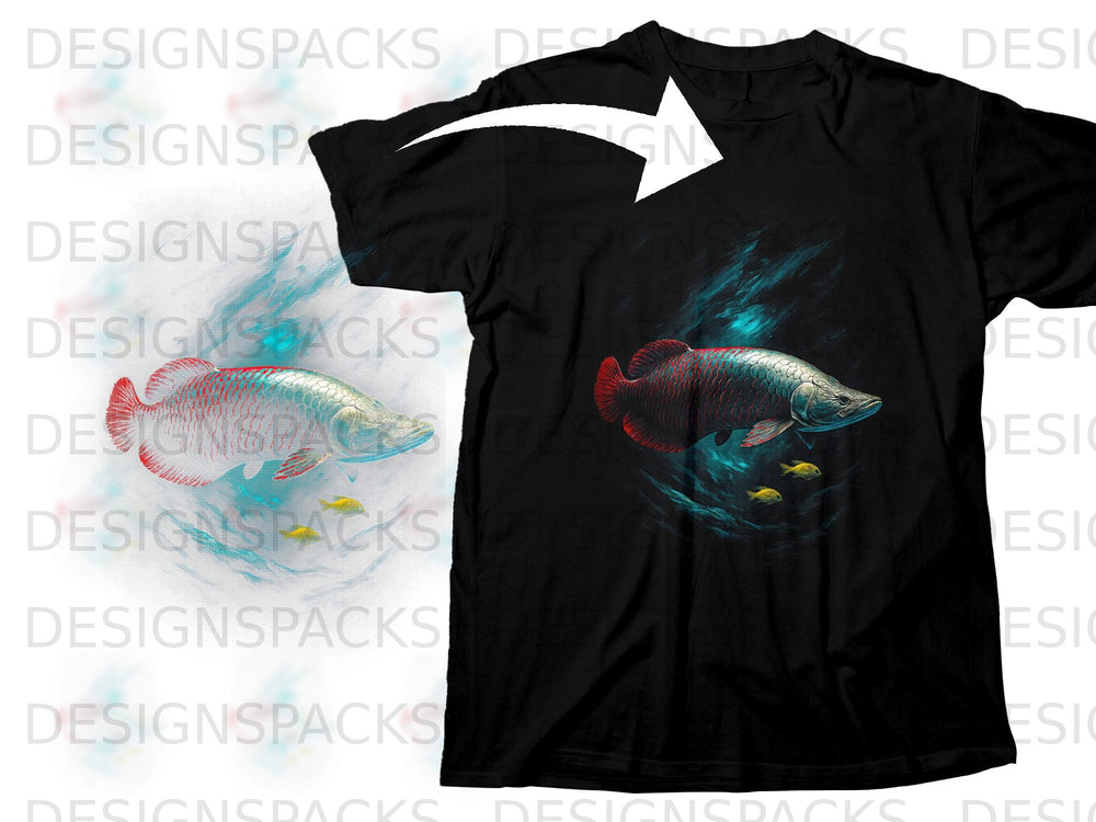 Black t-shirt with a large arapaima fish and three small fish graphic.
